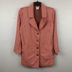 Cabi Blazer Womens Large Red White Houndstooth Knit Button Front Pockets #4249